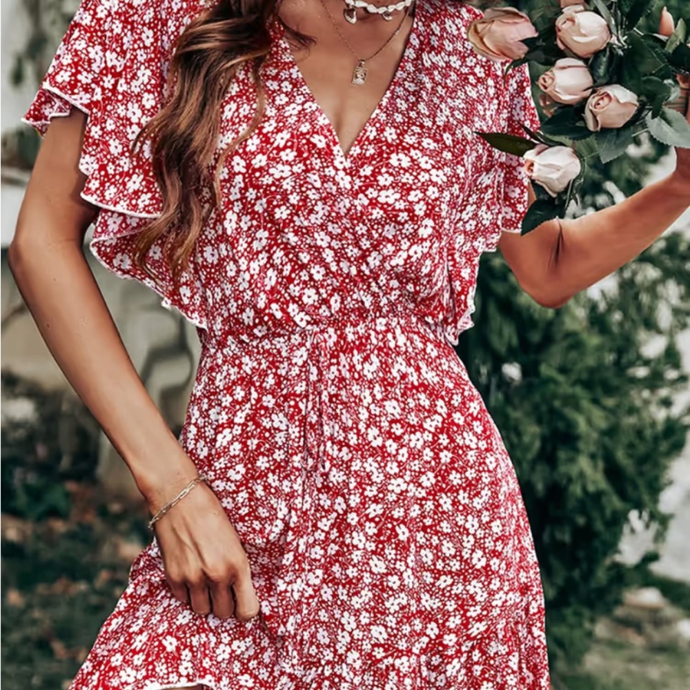 Cupshe Luciana V-neck Flared Sleeve Red and White Ruffled Wrap Midi Dress